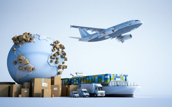 Global Packaging Shipping and Logistics Solutions Logistics setup with airplane, cargo ship, and trucks symbolizing global shipping and distribution of packaging solutions.